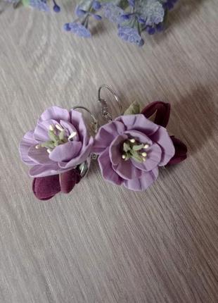 Сережки з квітами ручної роботи «еустоми з бутонами»2 фото