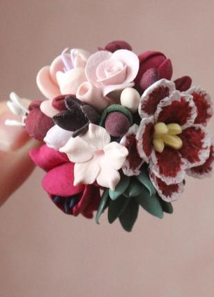 Велика брошка з квітами ручної роботи "пудровий бордо"3 фото