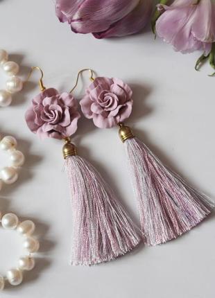 Рожево-лавандові сережки китиці ручної роботи "троянди"1 фото