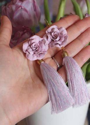 Розово-сиреневые серьги кисточки ручной работы "розы"3 фото