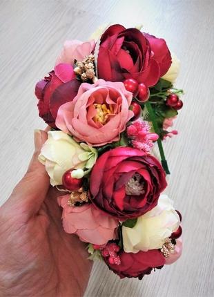 Віночок український з квітів на голову бордово-рожево-бежевий2 фото