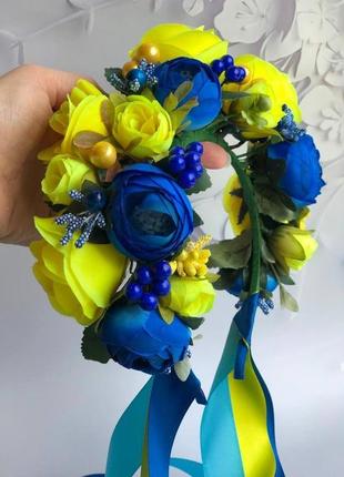 Украинский веночек с лентами съёмными, веночек сине-жёлтый3 фото