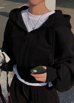 Худи женское на молнии укороченное с капишоном с карманами качественное стильное трендовое черное меланж