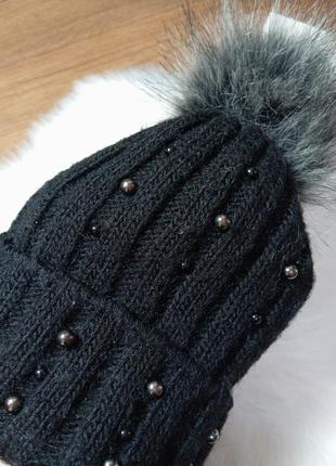 Зимняя черная шапка с помпоном на подростка, можно на взрослого3 фото