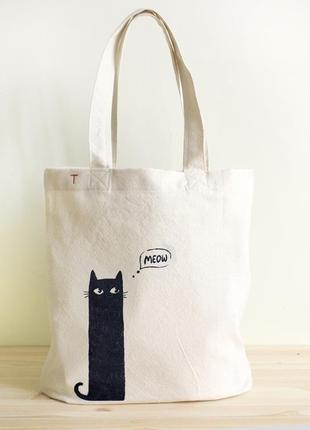 Еко сумка (органіка) з бавовни з принтом "чорний кіт". міська сумка авоська шоппер