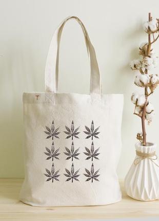 Еко сумка (органіка) з м'якого бавовни з принтом "листочки конопель". міська сумка авоська шоппер