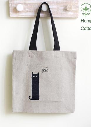 Эко сумка шоппер. ткань смесь конопли и хлопка с рисунком кота