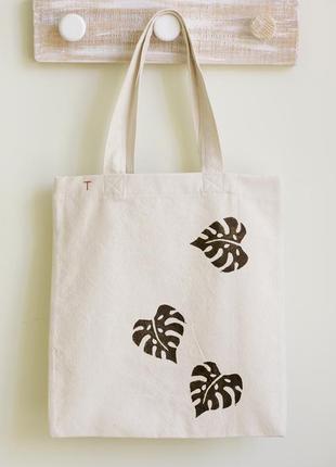 Эко сумка шоппер (органика) из хлопка с рисунком монстера