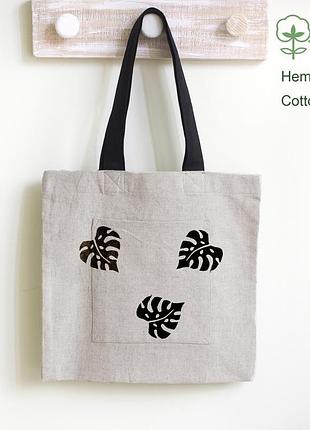 Сумка шоппер. эко ткань- смесь конопли и хлопка с принтом монстера