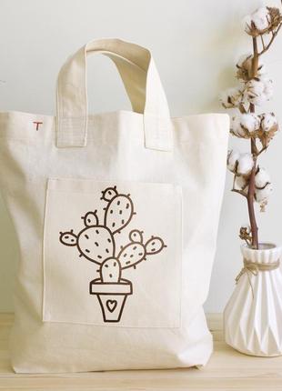 Эко сумка, шоппер для покупок из прочной саржи 100% хлопок с рисунком "кактус"1 фото