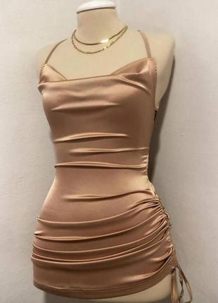 Сексуальна сукня коктельна коротка атласна зі шнурівкою на спині довжина регулюється5 фото