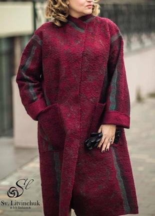 Валяне тонке пальто-кардиган, колір марсала.