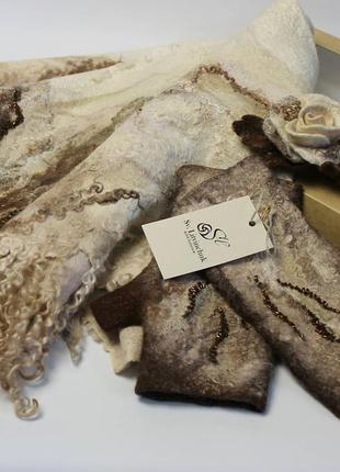 Комплект валяних аксесуарів "кава з молоком": бактус, мітенки і брошка