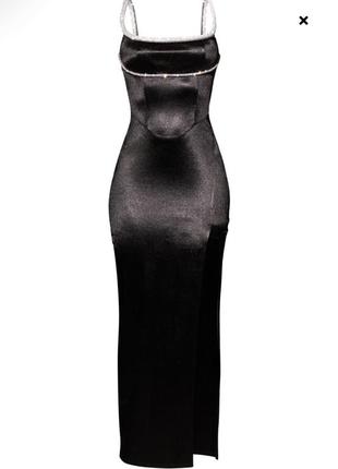 Платье разрез на одной ноге длинное черное атлас серебряный жгут м plt1 фото