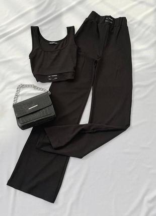 Костюм женский однотонный топ на брителях брюки свободного кроя на высокой посадке качественный, стильный трендовый черный мокко