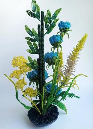 Блакитно-жовта квіткова композиція з бісеру8 фото