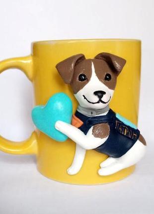 Чашка с декором из полимерной глины. пёс патрон с сердечком1 фото