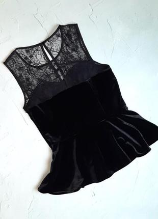 🌿1+1=3 роскошная черная велюровая приталенная блузка с кружевом oasis, размер 44 - 462 фото