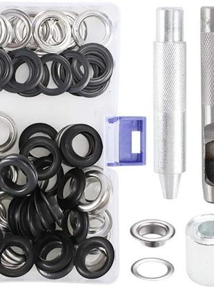 Набір для установки люверсів 14 мм + 50 люверсів срібло та чорний