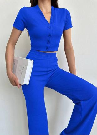 Костюм женский однотонный топ на пуговицах брюки на высокой посадке качественный стильный синий мокко2 фото