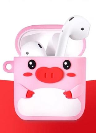 Чехол для наушников airpods + кольцо-держатель со свинкой  "piggy" (розовый)