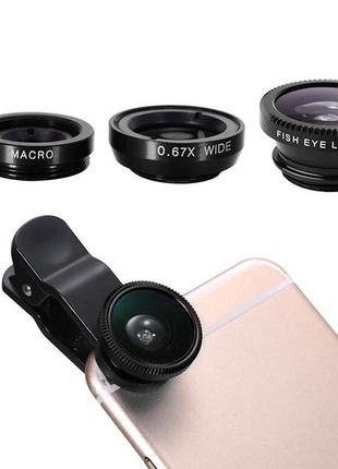 Набор объективов, линз (3 шт) для телефона fisheye, macro, wide «nanopic» в черном цвете