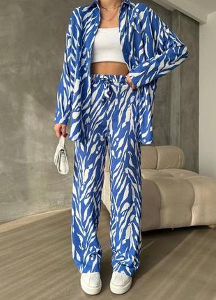 Костюм женский с принтом оверсайз рубашка брюки свободного кроя качественный электрик зеленый