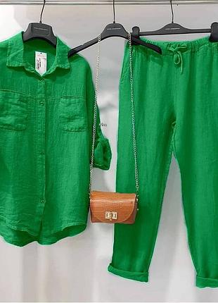 Костюм женский однотонный оверсайз рубашка на пуговицах с карманами брюки качественный зеленый желтый