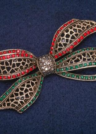 Брошь бант со стразами под старое золото