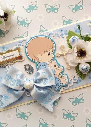 Открытка ручной работі "с крестинами!" (для мальчика), 10*20 см.