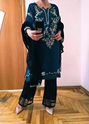Шикарный комплект платье с вышивкой, штаны и шаль, индийский наряд