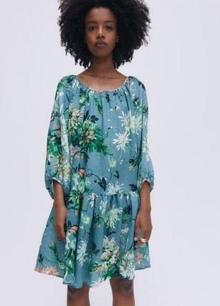 Вискозное платье с пышными рукавами в цветочек h&m.