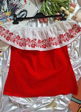 Красная блузка вышиванка галинка с воланом с открытыми плечами5 фото