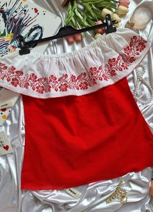 Красная блузка вышиванка галинка с воланом с открытыми плечами6 фото