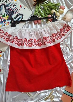 Красная блузка вышиванка галинка с воланом с открытыми плечами2 фото