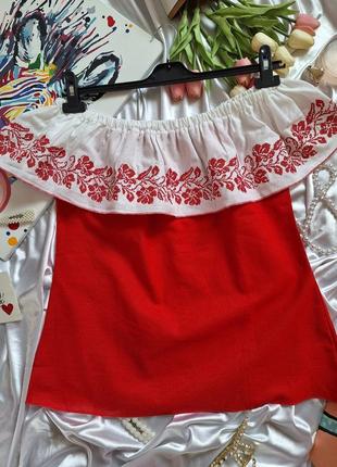 Красная блузка вышиванка галинка с воланом с открытыми плечами