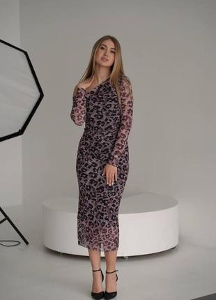 Стрейчева сукня сітка з леопардовим принтом, плаття міді з еластичної сітки1 фото