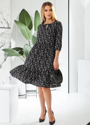 Платье в цветочек средней длины свободное с завышенной талией а силуэта с рукавами фонариками зебра серое розовое чёрное зелёное батал для беременных