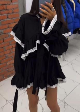 Черное платье-балахон с кружевом xs s m l 42 44 вечернее объемное премиальное платье с воланами