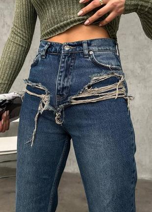 Женские синие качественные трендовые джинсы рванка7 фото
