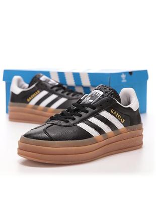 Стильные женские кроссовки на платформе adidas gazelle bold black leather чёрные