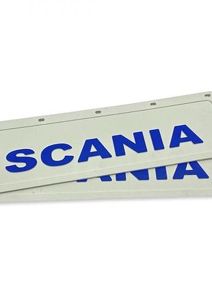 Брызговик на крыло с синей надписью "scania" белый (600x180)