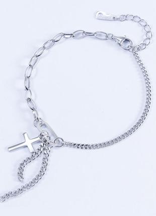 Срібний подвійний браслет з хрестиком1 фото