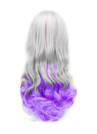 Длинный парик resteq - 60см, серо-фиолетовый, волнистые волосы с косой челкой, косплей, аниме3 фото