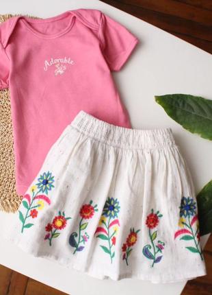 Комплект на літо боді + муслінова спідничка  з елементами вишивки на дівчинку 18-24 міс