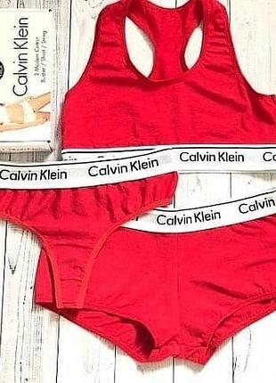 Cтринги + топ + шорты набор женский calvin klein тройка 3 в 1  красный / женские стринги / томми хилфигер ua