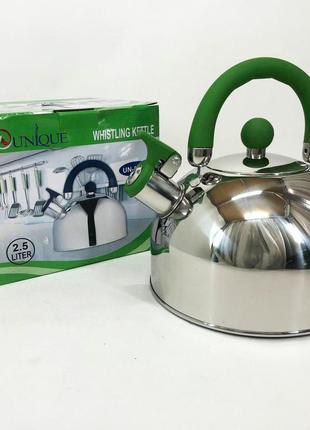 Ii чайник unique со свистком un-5302 2,5л, хороший чайник со свистком, чайник на плиту. цвет: зеленый cd