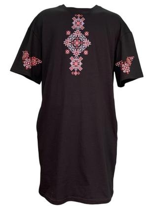 Платье-футболка  с карманами кулир черное с принтом вышиванка раз. xl (50)