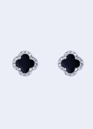 Срібні сережки з оніксом у вигляді конюшини2 фото