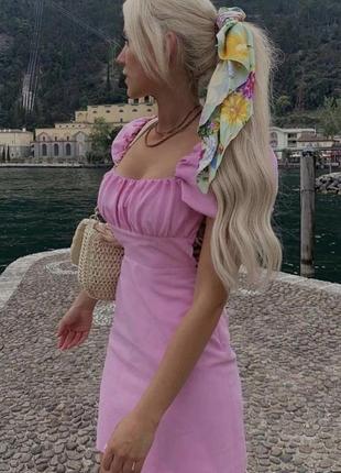 Платье женское нежное розовое барби с рукавами рюши